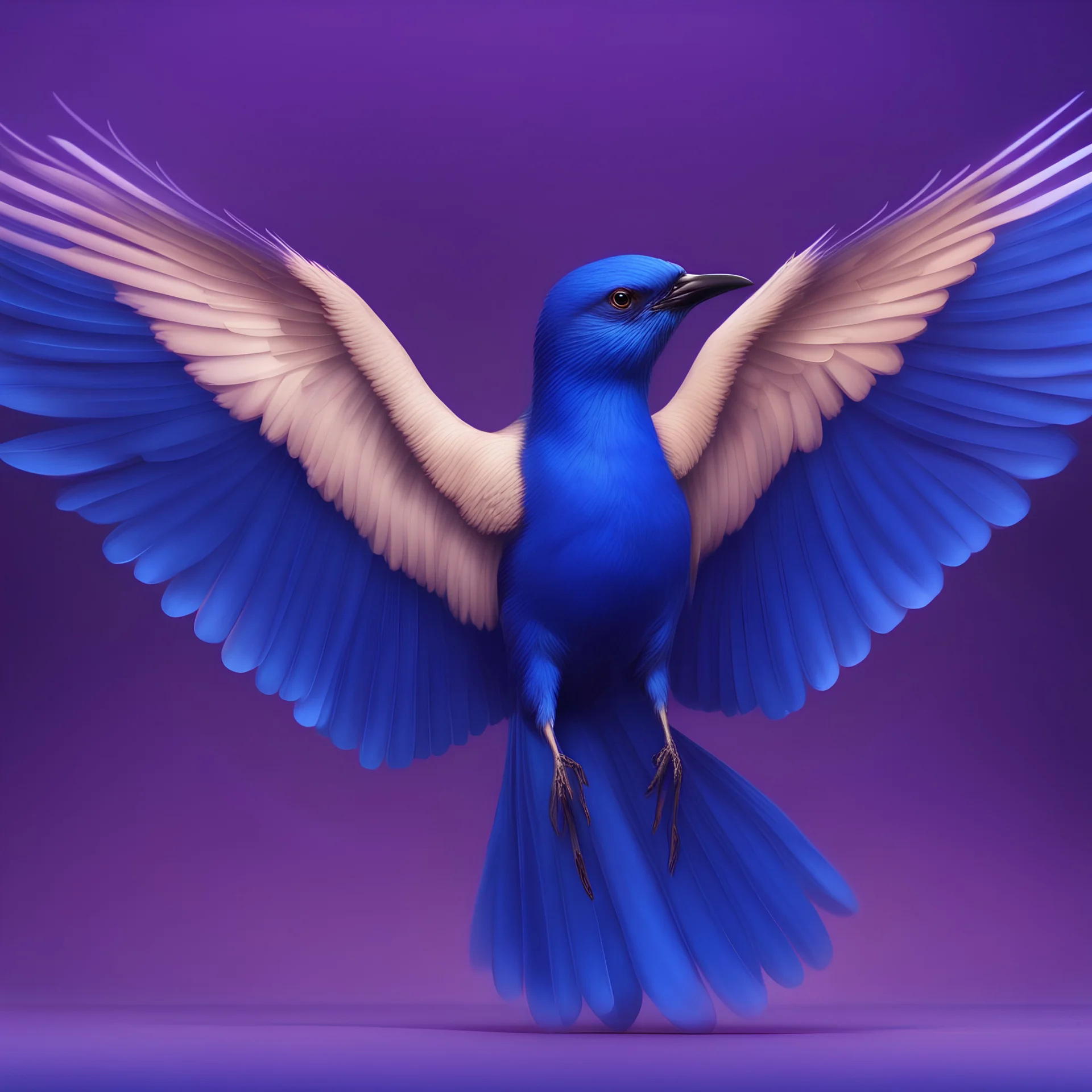 An illustration of a royal blue bird flying, spread wings, wing is the only distinguishable shape, full body, soft and smooth glowing wings, soft feathers, macro lens, sharp focus, meticulously detailed, soft studio lighting, smooth blurred gradient evening purple background,