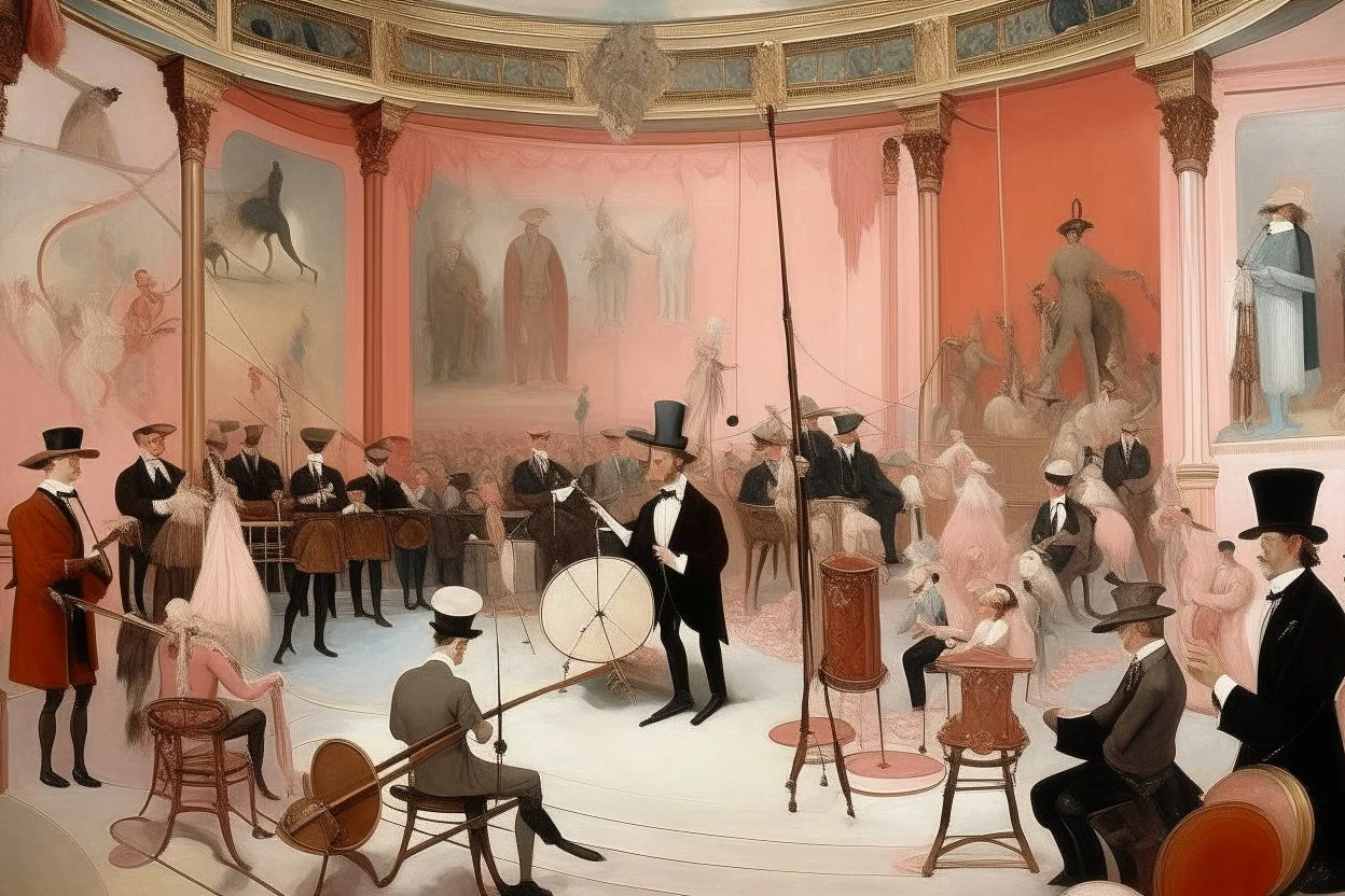 A pale pink magical circus with orchestra instruments painted by Edgar Degas