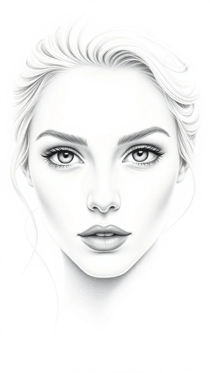 A beautiful face of woman all white skin, white eyes, white hair on a white background, pencil drawing style