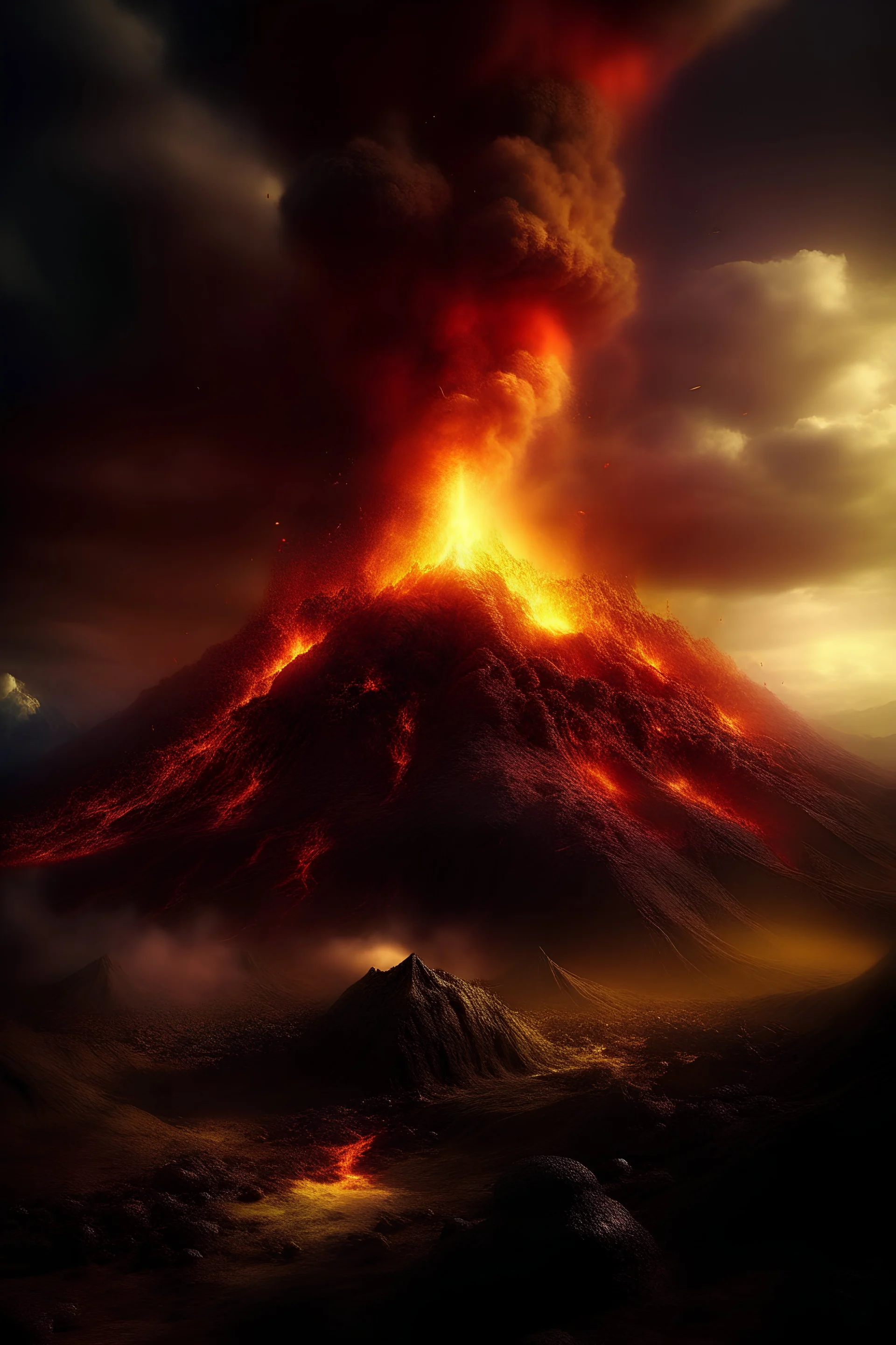 **Prompt for AI to Generate an Exploding Volcano Image:** **Title:** "Eruptive Majesty" **Description:** Create a vivid and awe-inspiring image of a volcano in the midst of a powerful eruption. Capture the intense energy and chaotic beauty as molten lava spews forth from the crater, casting an ominous glow against the darkened sky. The eruption should convey a sense of raw power and primal force, with billowing plumes of smoke and ash swirling amidst the fiery lava flows. The landscape surroun