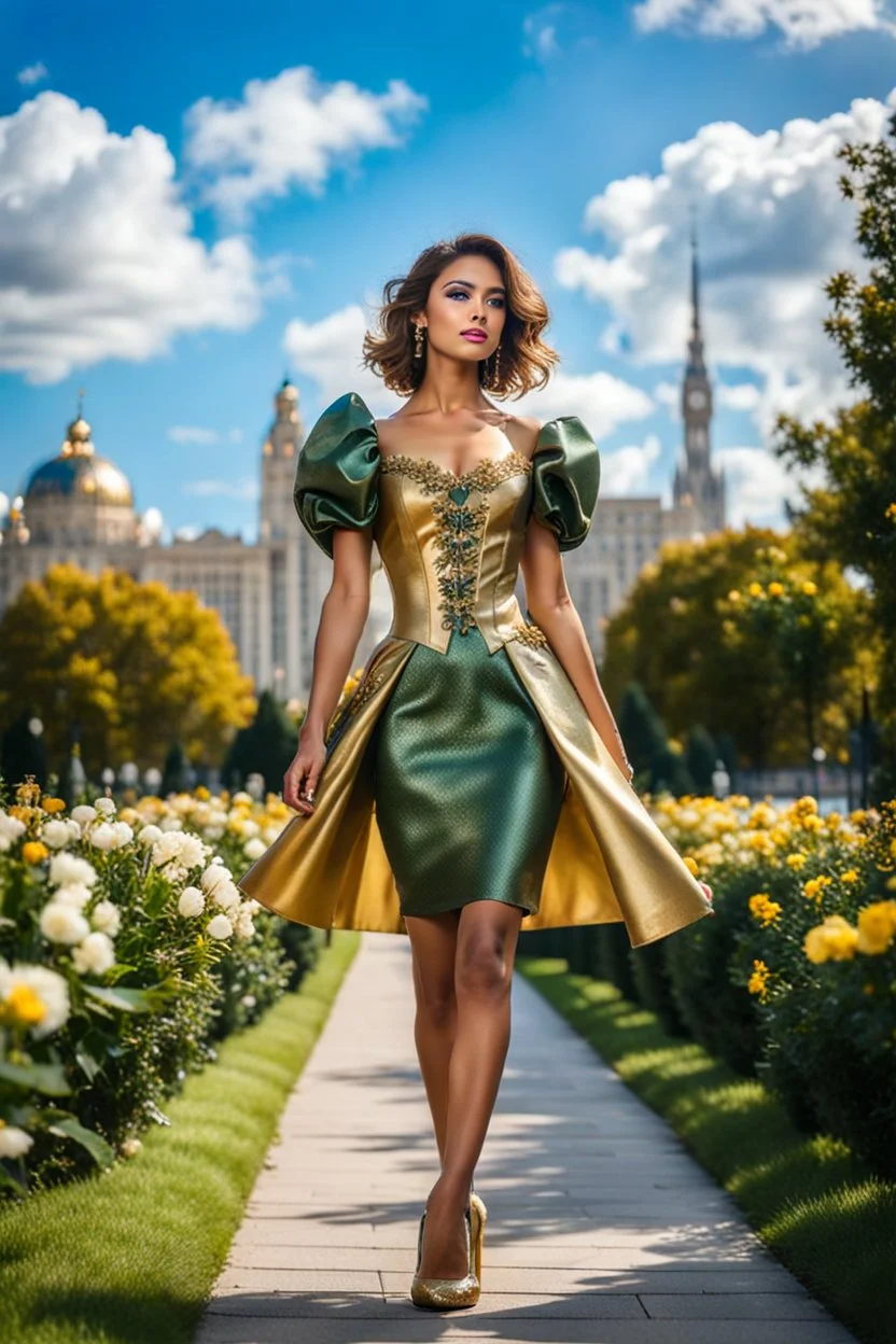 fullbody girl makeup wearing a dark green-gold victorian short dress walking in moder city of 2040 park ,flowers ,pretty clouds in blue sky,city escape.