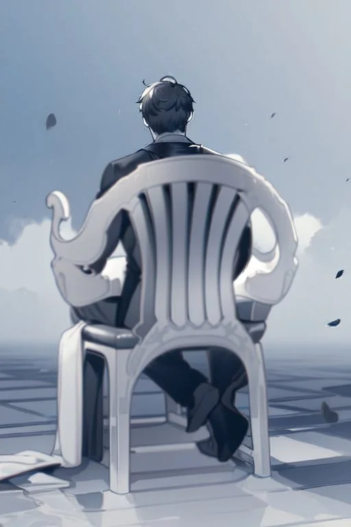 male character sitting on a plastic chair seen from behind, line arts, greyscale