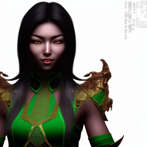 jade, mortal kombat, face, smile, dark skin color, dark ninja mask, black hair, brown eyes closed, woman