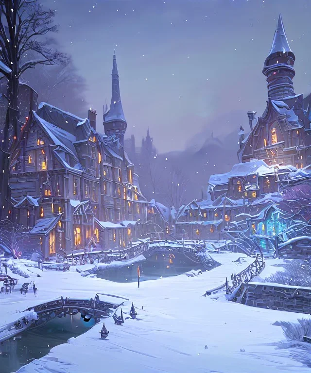 A magical snowy warlock castle with river canals in Christmas time