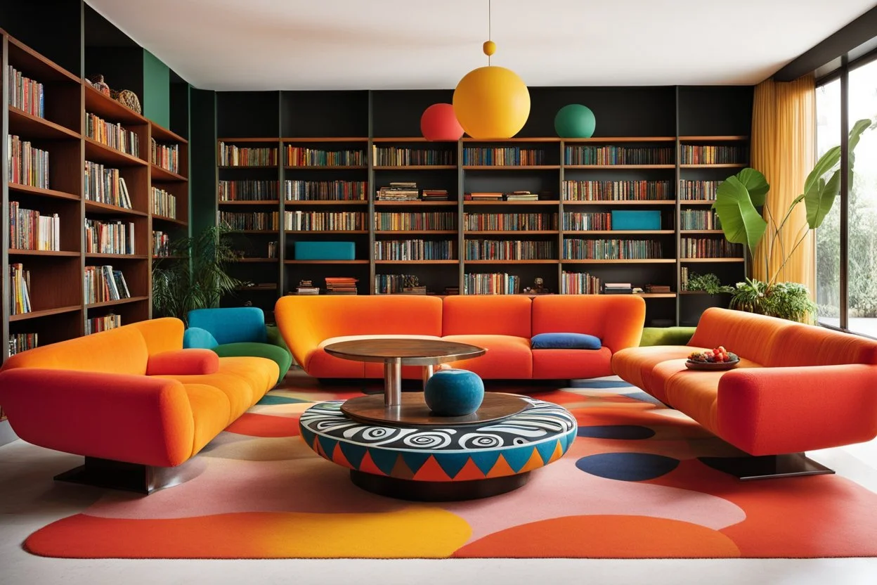 (design by Mario Bellini, 1970)vintage charm and funky flair. The bold geometric-patterned sofa takes center stage, alongside a low coffee table sporting psychedelic swirls. Sink into the shaggy, vibrant-hued armchairs for a plush retreat. Sleek, angular bookshelves display treasures from the past, while fiery-colored floor lamps illuminate the room with intricate designs. And who can overlook the iconic sunburst wall clock, a true showstopper that completes the retro look. It's a blast from th