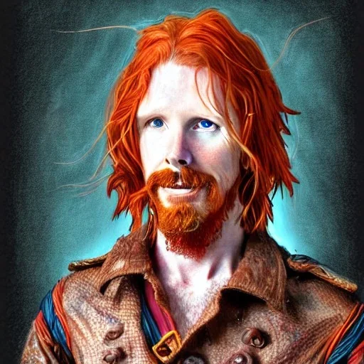 Portrait of Courtney Gains as a ruggedly handsome but joyful roguish pirate, charismatic, attractive male, masculine, perfect, precisely detailed, lightly freckled face, meticulously detailed multi-hued ginger carrot colored cherry fire red hair; Malachai of the corn; fantasy, intricate, elegant, highly detailed, digital painting, artstation, concept art, matte, sharp focus, illustration, art by artgerm and greg rutkowski and alphonse mucha