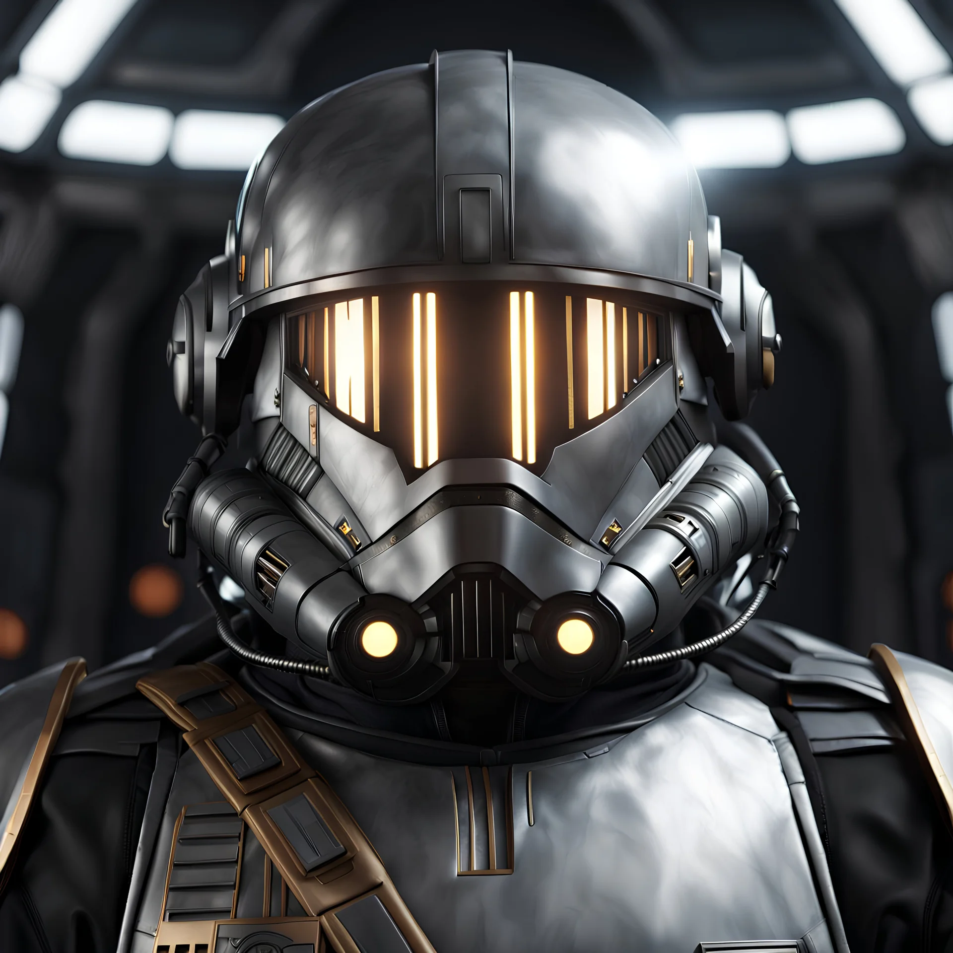 star wars bald male corellian pilot wearing dark gunmetal grey and black First Order special forces TIE pilot armored flightsuit and helmet with gold trim and gold visor inside the jedi temple, centered head and shoulders portrait, hyperdetailed, dynamic lighting, hyperdetailed background, 8k resolution, volumetric lighting, light skin, fully symmetric details