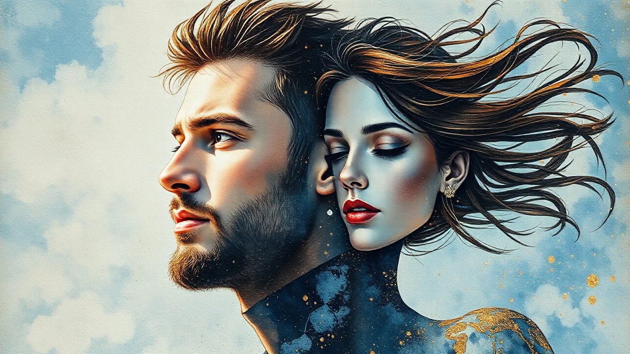 old worn canvas, mixed media, multiple exposure, layered, embossed, fine art luminous soft watercolor, glitter, mid ground, luminosity, highlights, shine, light effects, gold fragments, fine art luminous, portrait of Man and Woman, wind, blue space, clear lines, layered, blending, textured, surreal, 3D, 8K, best quality, fine rendering, high detail, hyperrealism, high resolution, high definition, layered, pin sharp, hyperfocus, vignette