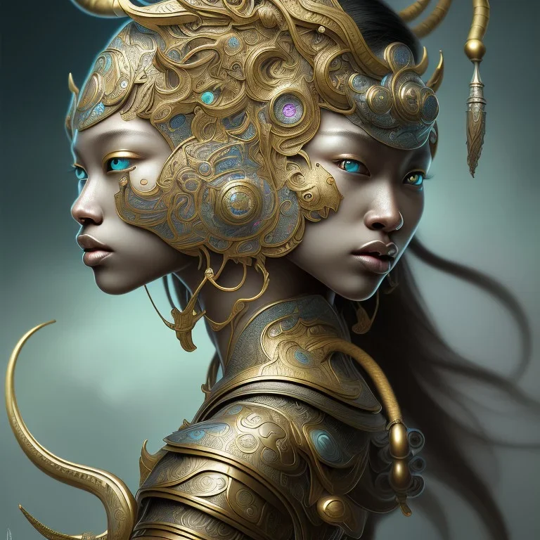 Sango fantasy, fantasy magic, intricate, sharp focus, illustration, highly detailed, digital painting, concept art, matte, art germ and Paul Lewin and Kehinde Wiley, masterpiece Indonesian lady head bronze tiger Asian African girl nice breast Hawaiian hair turquoise silver waves