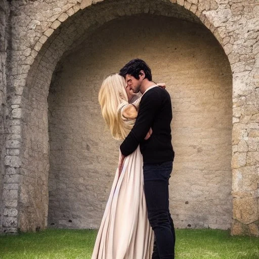 A photo realistic portrait of a stunning blonde girl and muscular dark haired man in a lovers embrace standing in front of a medieval castle