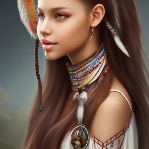 Native American girl, cute, beautiful, long hair, brown eyes, black hair, smiling