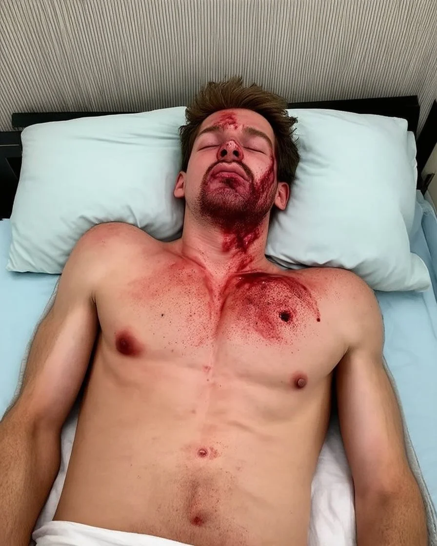 A snapshot, capturing a gaunt, shirtless Caucasian male corpse lying on a cheap motel bed. His face is swollen and discolored, a hole in his right cheek distorting his features, leaving dark red goo matted in his shaggy brown hair. Stubble shadows his jaw, his half-open mouth slack, eyes partially closed. The pillow beneath his head is soaked in a large dark red, congealed pool of goo, speckled with flecks of spatter, while his bare torso remains eerily clean, pale