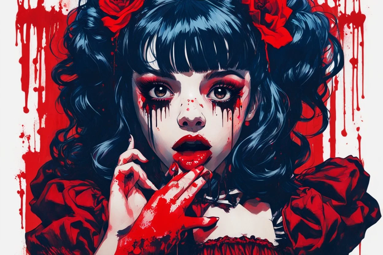 Poster in two gradually, a one side malevolent goth vampire girl face and other side the Singer Melanie Martinez face, full body, painting by Yoji Shinkawa, darkblue and red tones,