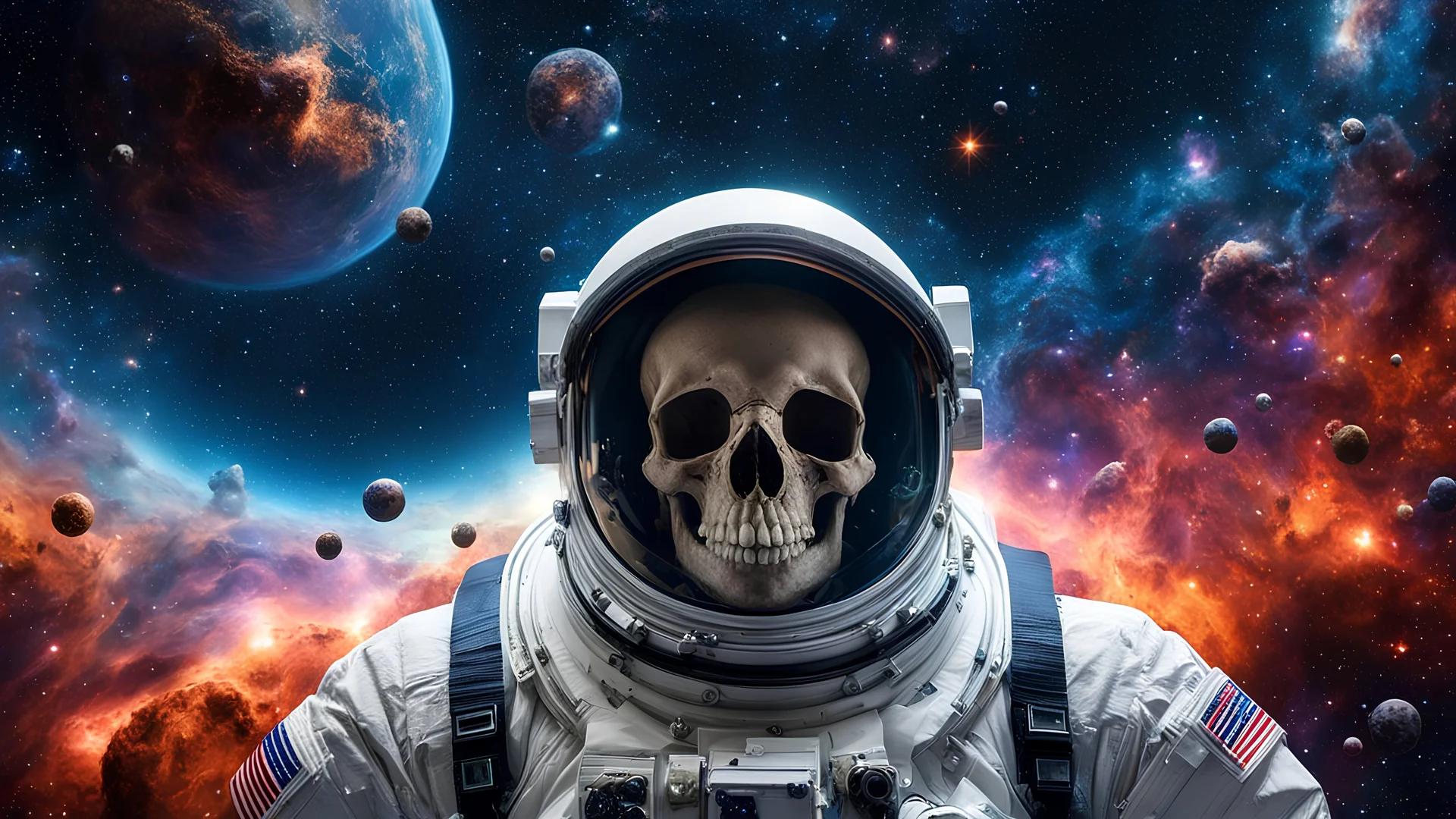 An astronaut turned into a skull floats in the abyss of space, surrounded by a cosmic ocean of galaxies and nebulae that form unique constellations. The bubbles surrounding him contain fragments of knowledge and secrets of the universe. The shot is taken with an 18 mm wide-angle camera, in 8k photorealism, creating an image that evokes amazement and admiration at the immensity of the cosmos. Gold.