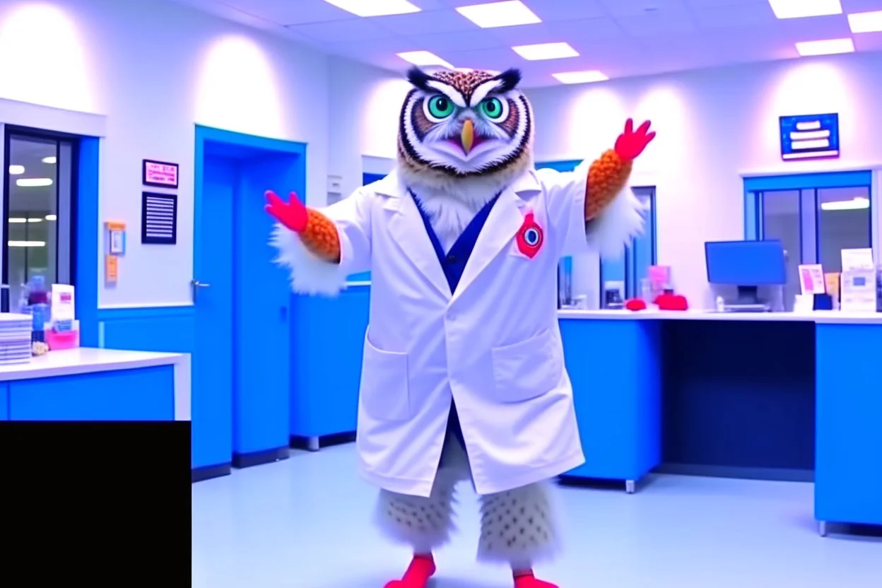 owl nurse in nurse's costume dances in a hospital room while dynamically dispensing pills upwards