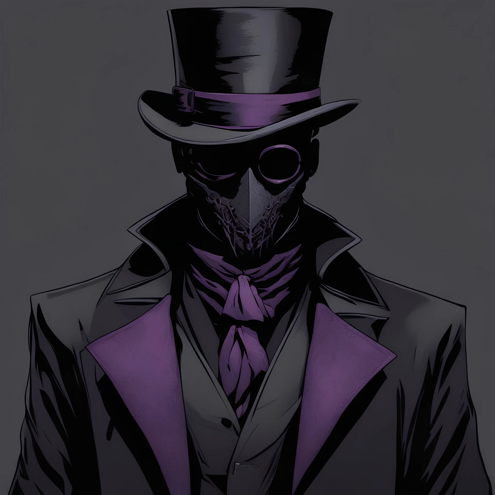 warlock, black top hat, black mask with ash purple patterns, black trench coat with ash purple patterns, dark, ominous, ash purple, grey background, profile picture, simplistic design