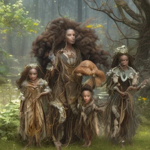 4K. Ultra real photo.three black women. Three Dark skin black women .three women. A mother. Two black daughters . A mother with her children. three young black women. wood nymphs emerging from the forest. Her hair looks like vines. Dreadlocs. Her skin is the colour of dark soil. Her skin looks like tree bark. Her clothing is made of vines, grass and leaves.