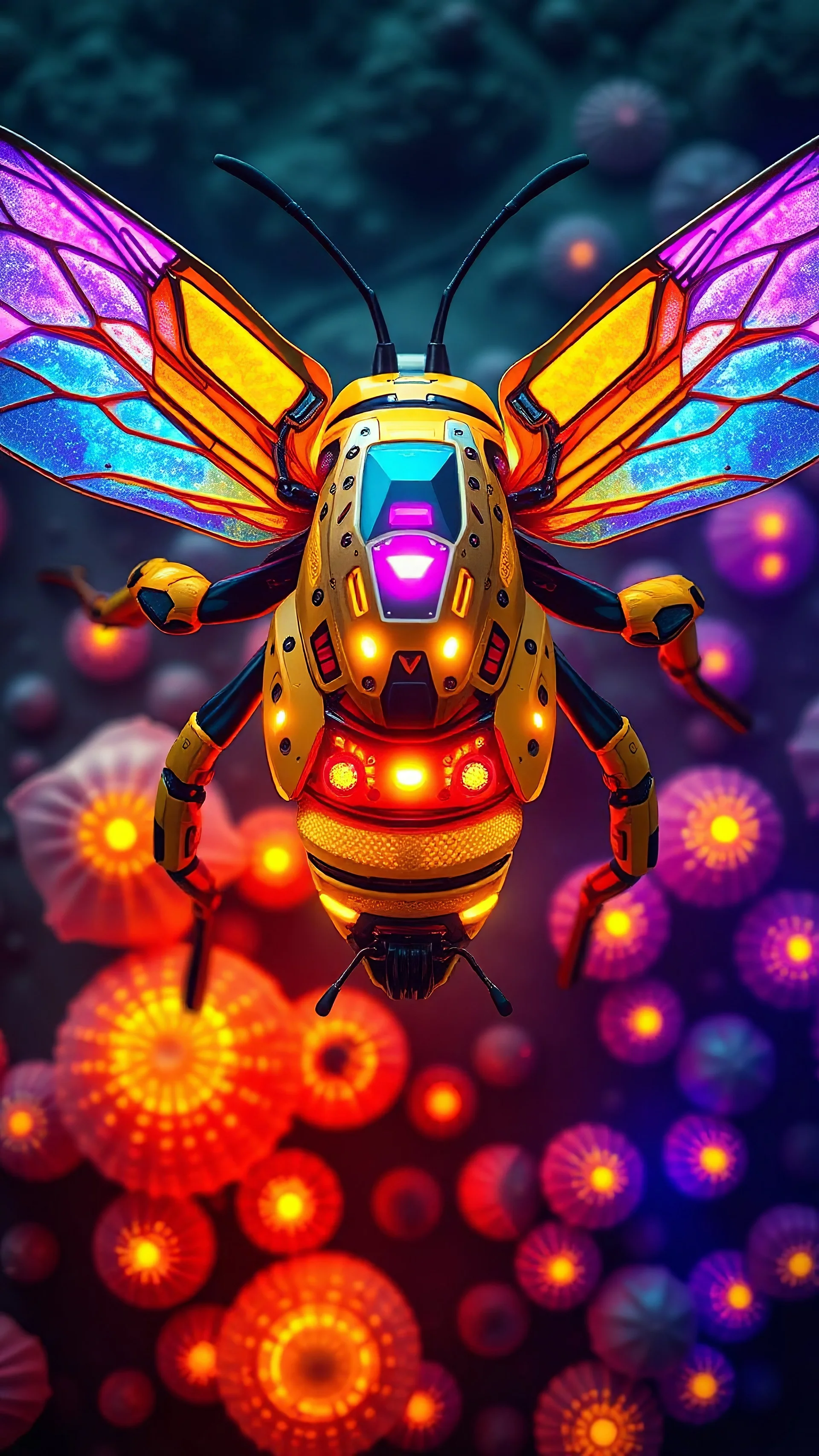 top-down aerial shot, segmented wasp-like mech with ultraviolet cyber wings, pulse-core abdomen, toxic emitter vents, fluorescent mushroom forest with glowing hives, aggressive volatile energy, hyper-detailed, neumorphix clean