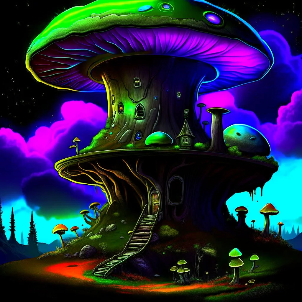 A fantabulous black, green, and blue (((mushroom tower house))) erected atop a (geologic pillar), surrounded by the uncanny imaginative ((( swirling skies))), offset by the stark hues of a (neon-tinged nebulous space scape), within. captured by the hand a skilled master painter with a focus on (softly blurred compositions and voluminous lighting).