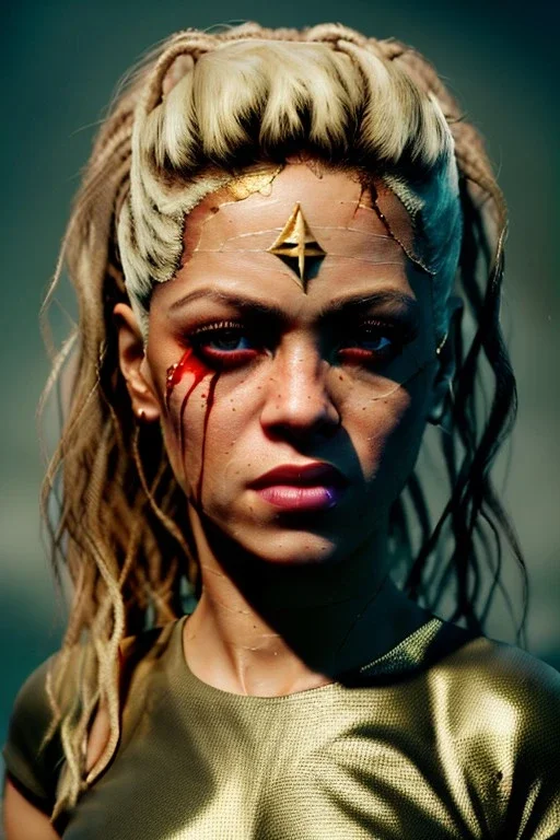 portrait, Shakira, make-up, angry, Realistic image, superhero, retro, dc style, gold make-up, blood, sweat, fog, goddess. Black background, photo studio, concept art, smooth, unreal engine 5, god lights, ray tracing, RTX, lumen lighting, ultra detail, volumetric lighting, 3d, finely drawn, high definition, 4k.