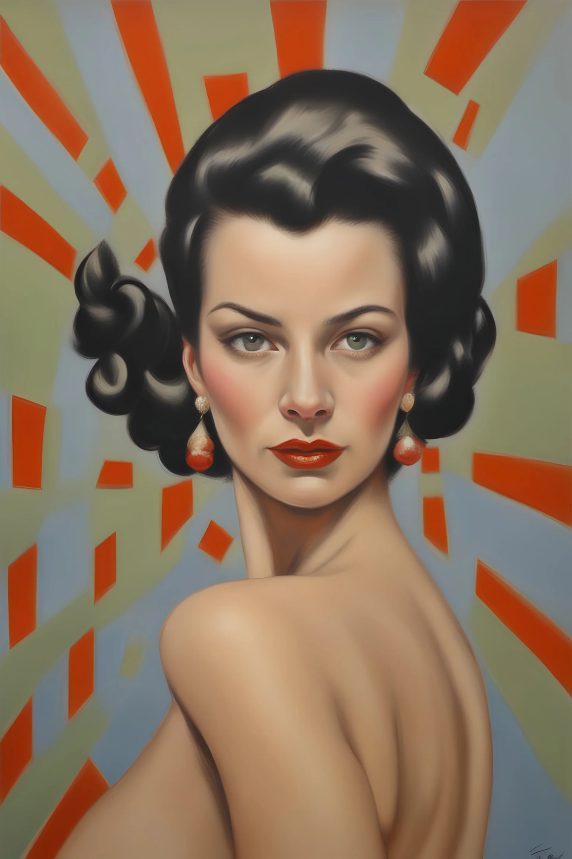 Oil painting, Elias Salaverria, woman 50s, r/eyes, modern hairstyle mikado, fool body,