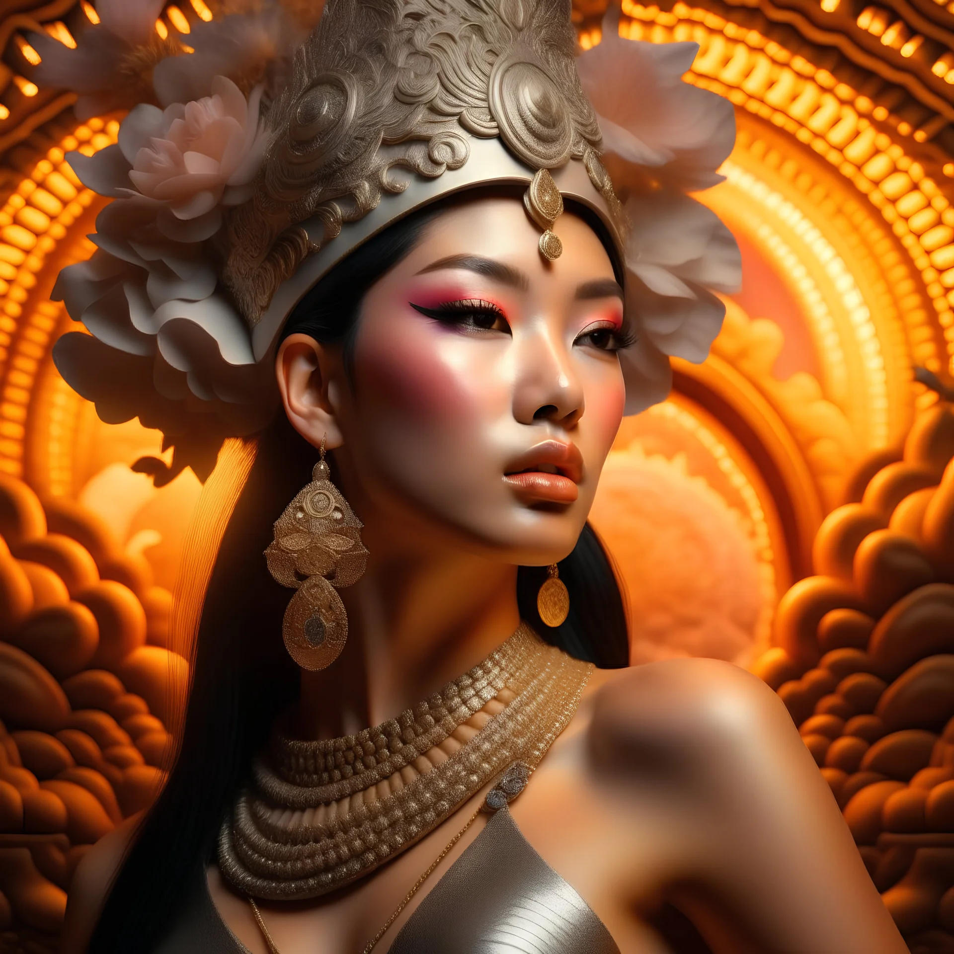 Hyperrealistic wetring style hoa bình hottest asian goddess orero dream adorned with whums, Kodak color, silver hot goddes dadaism silter style, sharp focus, 33mm photography, ornate, hypermaximalist, photorealistic light pink and dark silver rust gradient and front jut detailes, textured, background extremely detailed