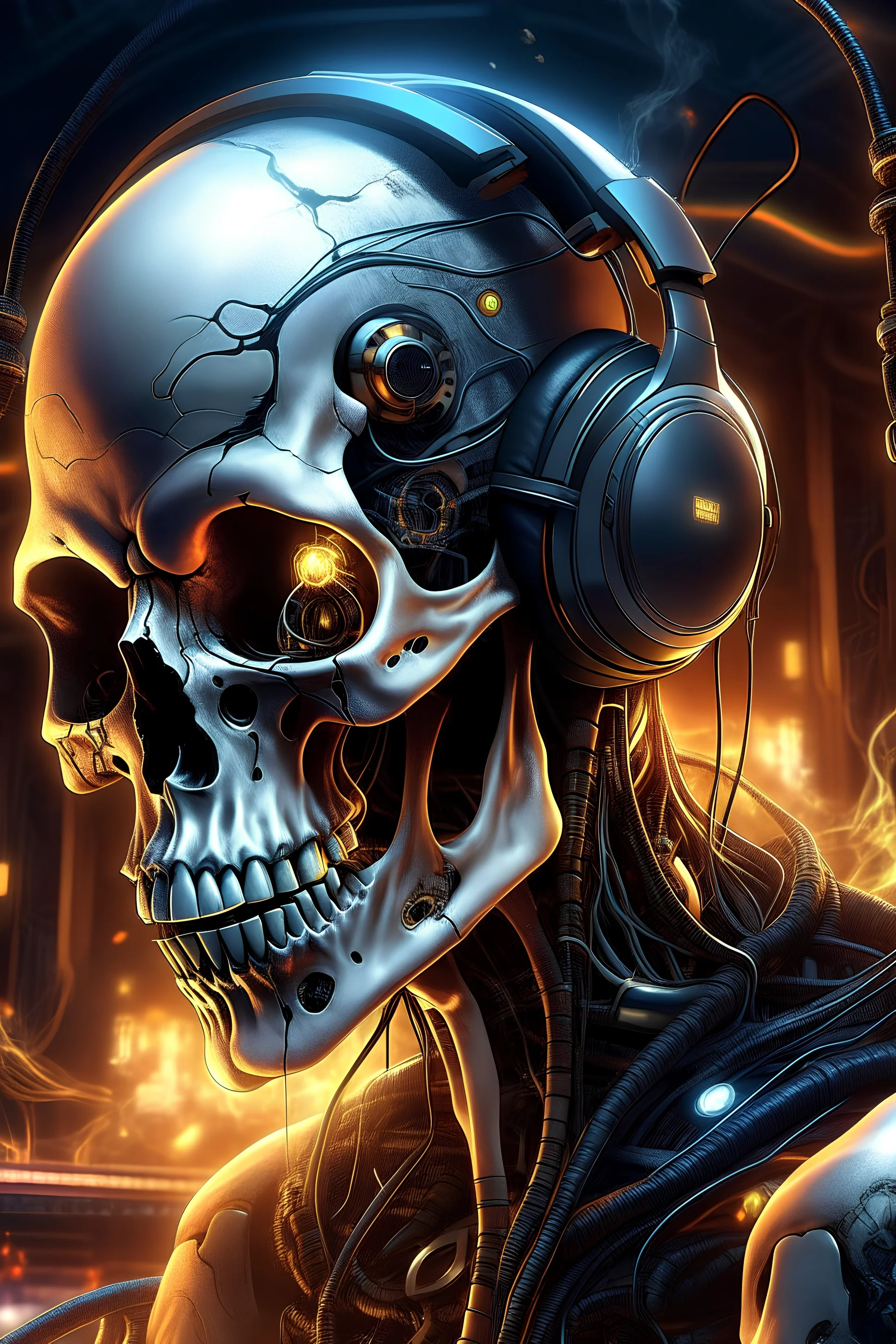 High quality, cat, realistic, cyberpunk, electronic music, mechanical, industrial, cosmic, high-definition, master level works, skeletons, men, skull masks, disc making, flames, horror, lightning, laser, laser, music, headphones