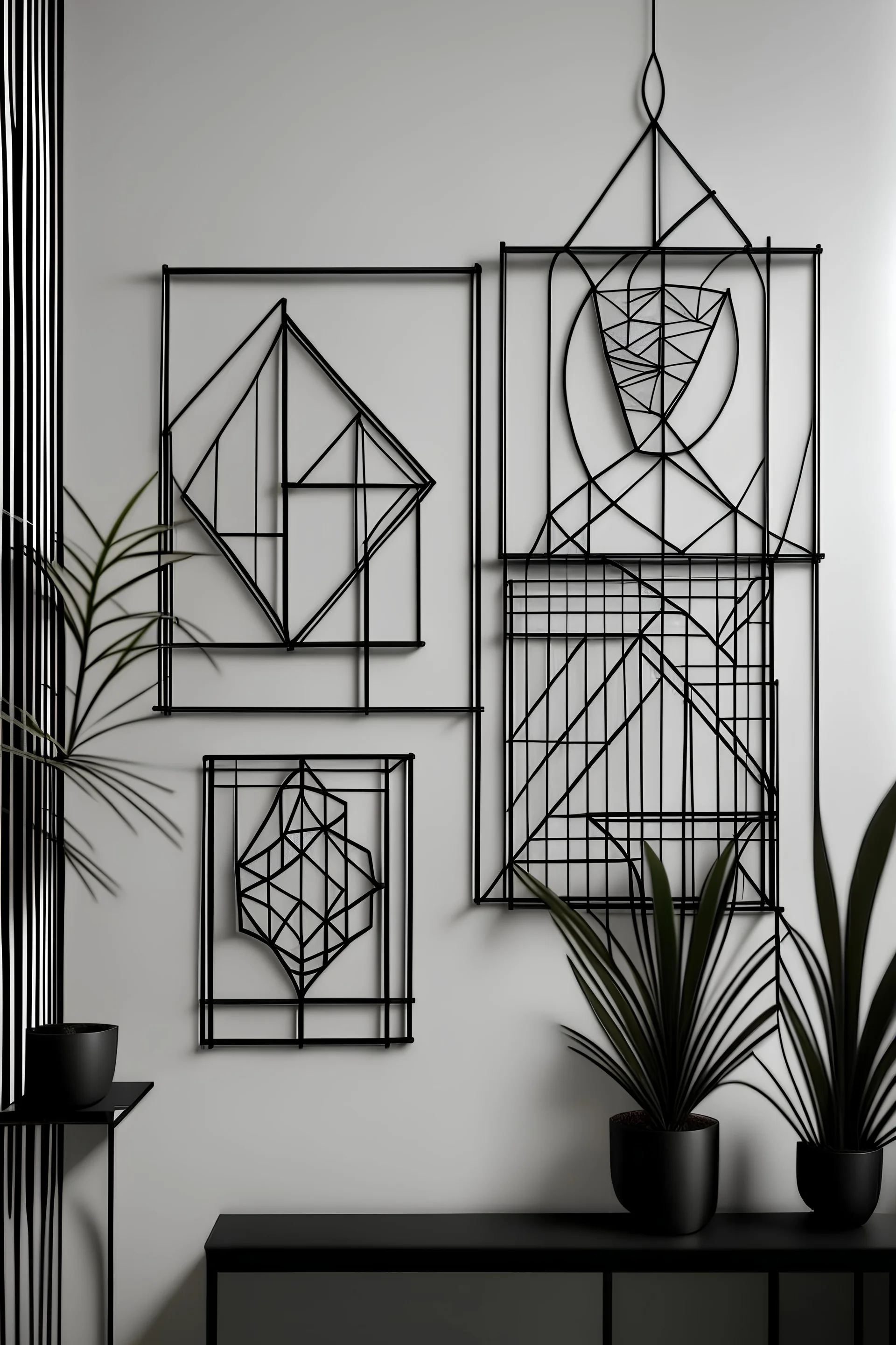 Create a realistic image of metal wire wall art with geometric figures, shapes and designs in a frame of same thickness of metal wire. Keep it simple with large spaces in between and use geometric composition