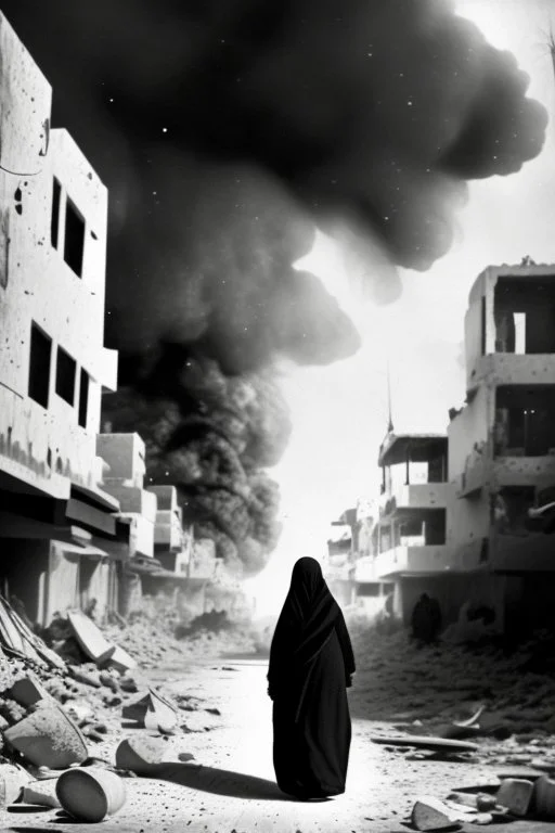 Palestinian woman , Carrying a small girl ,at winter , Destroyed Buildings , with a Explosions, at night