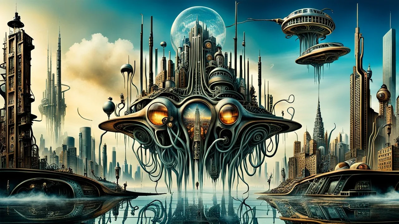 a stunningly weird image of a futuristic metropolis using Salvador Dali's paranoiac-critical method, where buildings and structures appear to melt into the skyline cityscape is filled with floating medusas and mad, twisted metal shapes that interact with the buildings and each other, forming a surreal tableau of a dreamlike reality. neu-steampunk vibe, essence of the scene in a cinematic manner, with dramatic shadows that enhance the distorted perspectives and bizarre mood