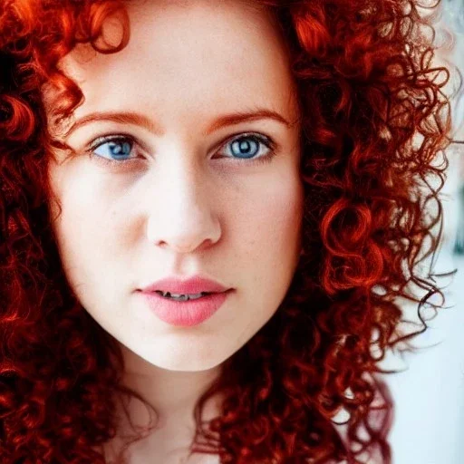 Woman with red curly hair and brown eyes