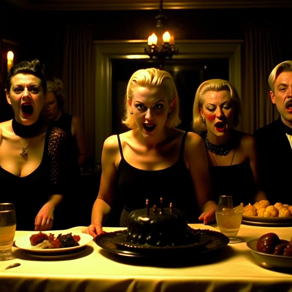 Movie shot, spooky, ultra realistic distress, macabre ritual dining, mask, ultra realistic hot woman, pieces of meat silver organic dynamic anguish, excited and lively scene, hot women, hypermaximalist figures, creepy, Alfred Hitchcock, Sam Raimi, insanely detailed, sinister, ornate