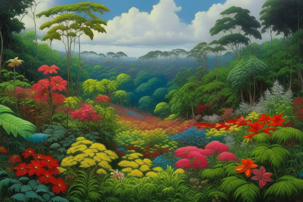 A plain filled with flowers near a jungle and a forest painted by Frank Wilson