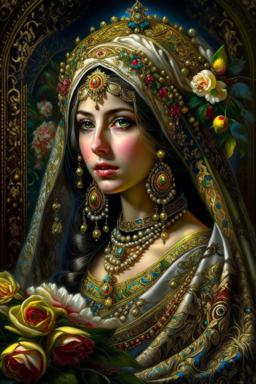 Beautiful facee Arabian Princess front wiev portrait, adorned with giant Jasmine, and lily flower ,roses , golden pearls , zafir gemstone headress, wearing floral, lace, pearls, zafirs ornate Iranian costume, organic bio spinal ribbed detail of Iranian style full jasmin and rose and persian garden background by the moonlight extremely detailed hyperrealistic maximalist portrait art 256K