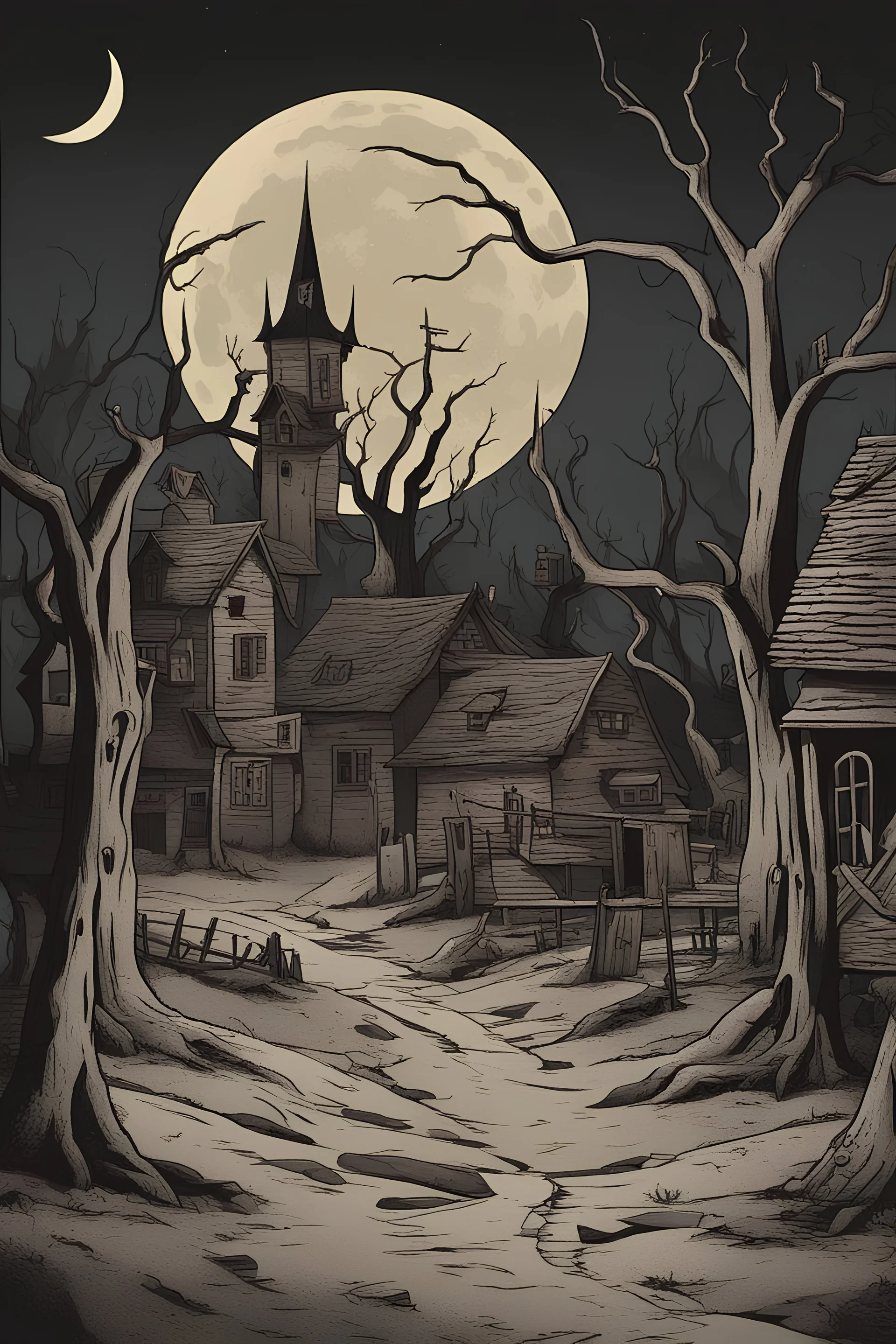 A chillingly eerie cartoon-style image of village, blood, moonlight, dead trees