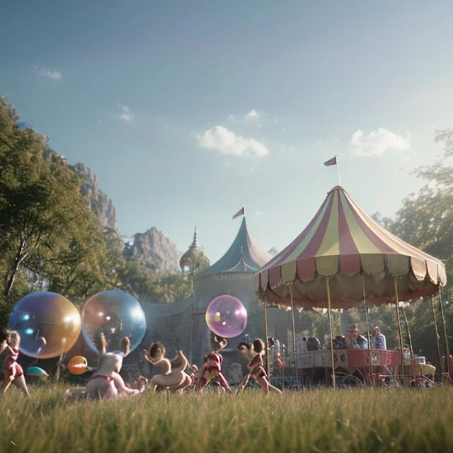 Ultra realistic circus scene. Child’s playing, smile, happy, color bubbles, smooth color, waist up view, Wes Anderson style, a lot of people background, highly detailed, concept art, unreal engine 5, god rays, ray tracing, RTX, lumen lighting, ultra detail, volumetric lighting, 3d, finely drawn, high definition, high resolution.