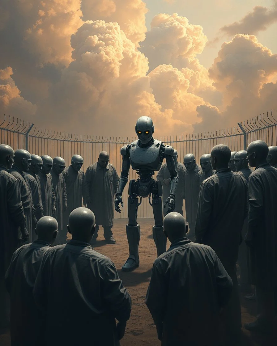 Bosch painting style, nightmare , prisoners lined up in circle , one after another , gathering around a robot great quality picture with cinematic scenes , clouds in the background