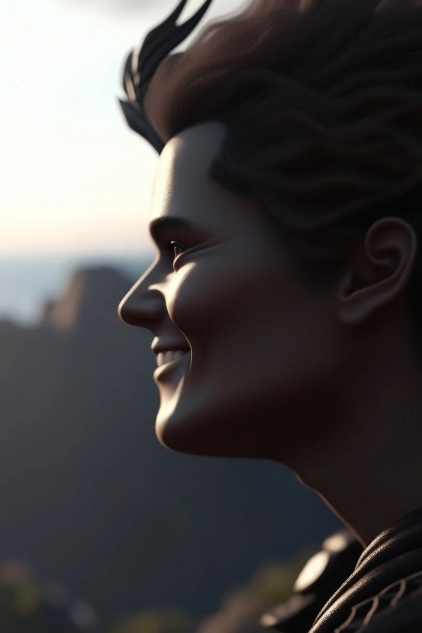 a close up side profile image of an evil angel, smiling and looking over the horizon on a very high cliff, 8k quality, supper realistic