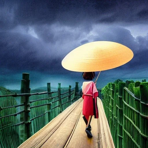 close view from behind of japanese girl on a wooden walkway holding bamboo unbrella and looking at a stormy sky with rays of sunlight breaking through the stormy sky, ocean, 8k, high-quality, ultrafine-detail, intricate, digital painting, brian froud, howard lyon, selina french, anna dittmann, annie stokes, Greg Rutowski