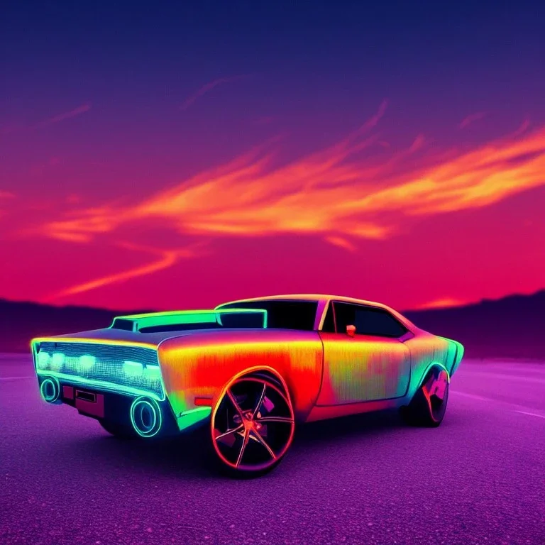 art deco, cyberpunk, neon muscle car, desert road, sunset, full colour, hd,