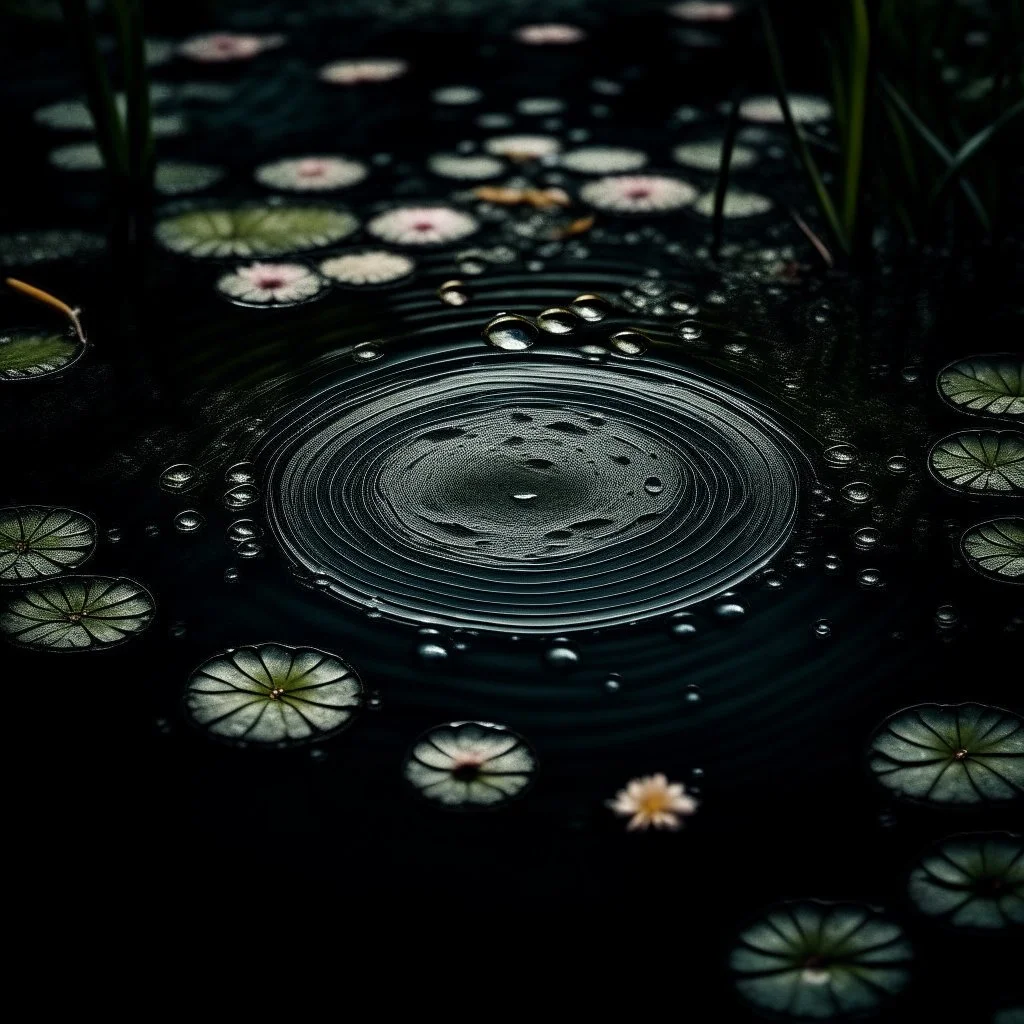 a raindrop creating a beautiful circle in a pond, dark colours