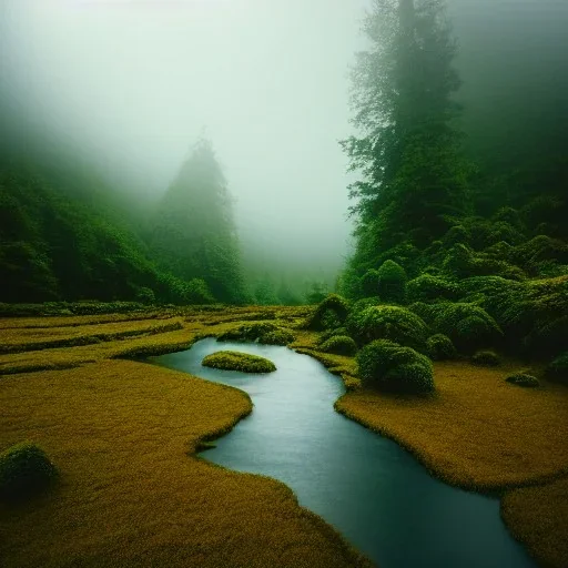 dense florest landscape with a river in a raining day, aesthetic