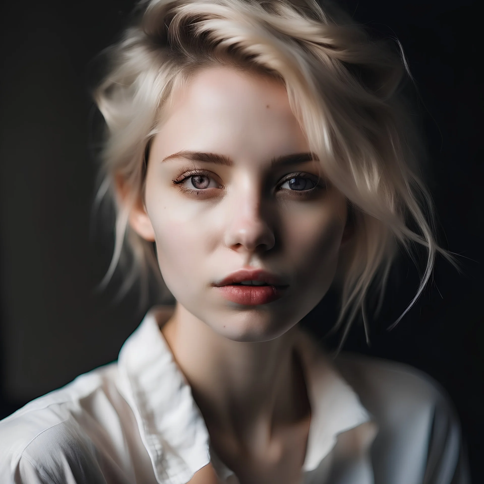woman, twenty years old, white blond shortish hair, loose strands framing face, wavy, strong facial features, soft nose, dark grey eyes, light pale skin, rose lips whithe shirt, portrait, close up, beatiful young woman, many shadows, hair tied up, loose strands framing face, little make up, ferfect skin