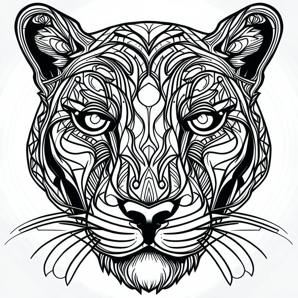 Panther front face view, minimal lines, cartoon, mandala, white back ground color, real style, realistic, minimalistic, minimal black line art, line art, crisp line art, unique coloring sheet, outlined, outline, crisp, crisp line edges, illustration, thin lines, crisp clear lines, line art, clean line art, unique, 8k, amazing, masterpiece, no colors, no dark color, no black color, avoid thick black, minimalistic line edges, pure white back ground, image character full fit to page,