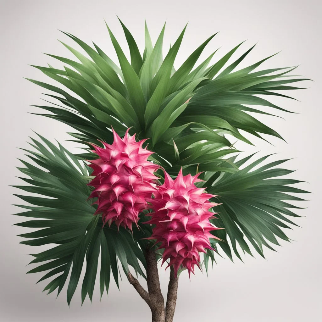 A bush of palm leaves with dragon fruit on a light background to remove