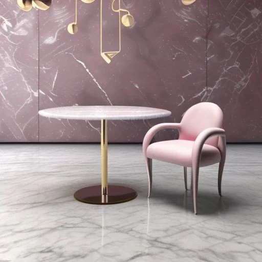 Light pink swirling marble texture,centered table & chair, soft shadows, HD 4K Unreal Engine 5 bokeh