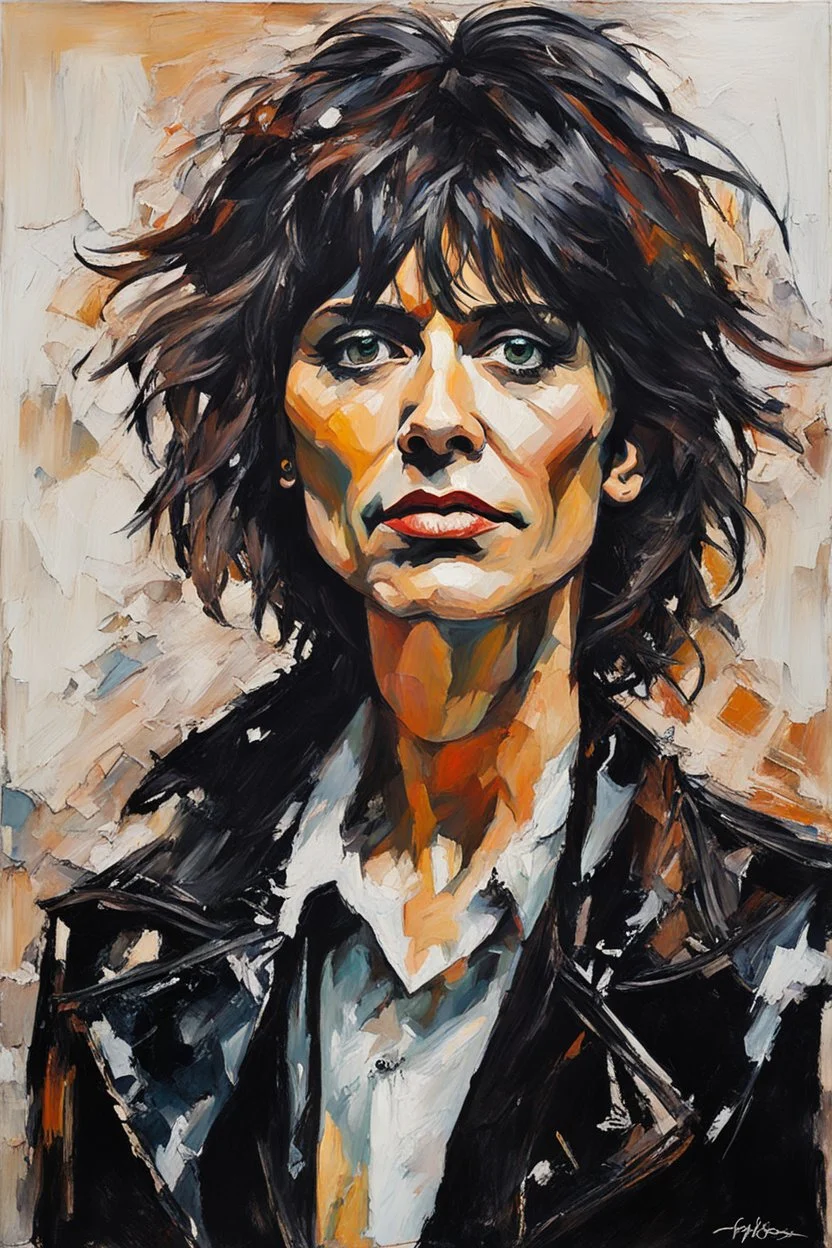 palette knife portrait of Chrissie Hynde in black leather, in the Expressionist style of Egon Schiele, Oskar Kokoschka, and Franz Marc, highly detail hair and facial features, in muted natural colors with fine detail outlining