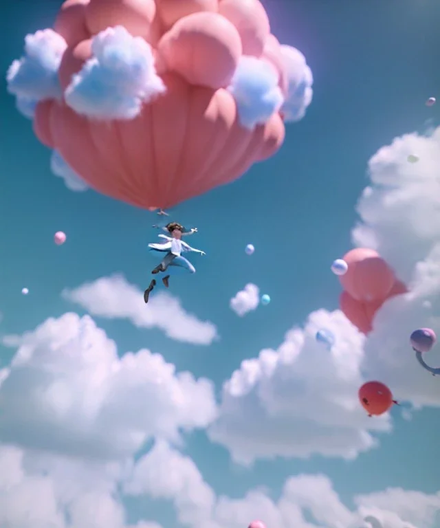 Ultra realistic clouds sky scene, medium shot view, portrait, sweet monster Childs free jumping flying with trinkets, smile, happy, Wes Anderson style, Peter Pan, inflatable color clothing, extreme, wind, clouds sea, 20,000 feet altitude, stratosphere, soft color, highly detailed, unreal engine 5, ray tracing, RTX, lumen lighting, ultra detail, volumetric lighting, 3d, finely drawn, high definition, high resolution.