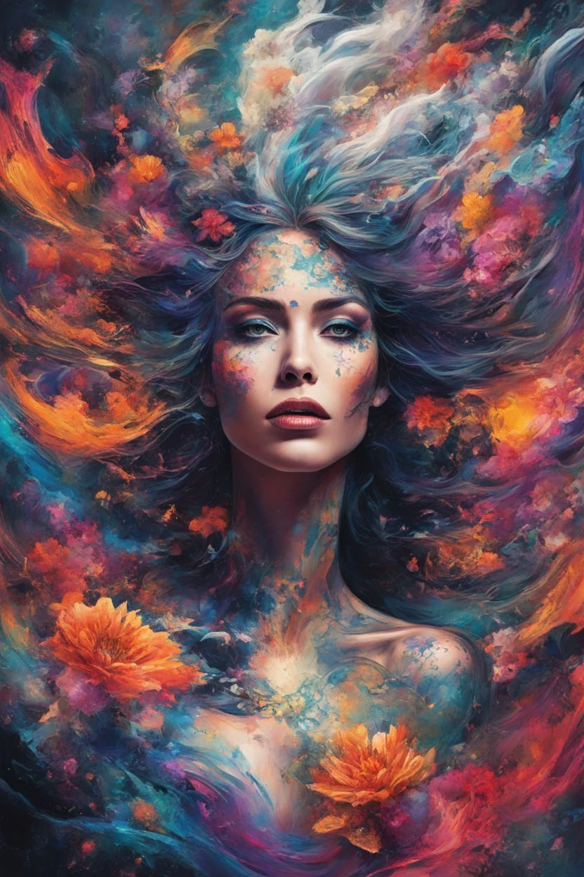 Generate a captivating digital artwork where a vivid explosion of images on a canvas bursts forth, weaving together elements of a woman, demons, tattoos, flowers, and stormy hues. Capture the essence of dynamic creativity in this abstract masterpiece."