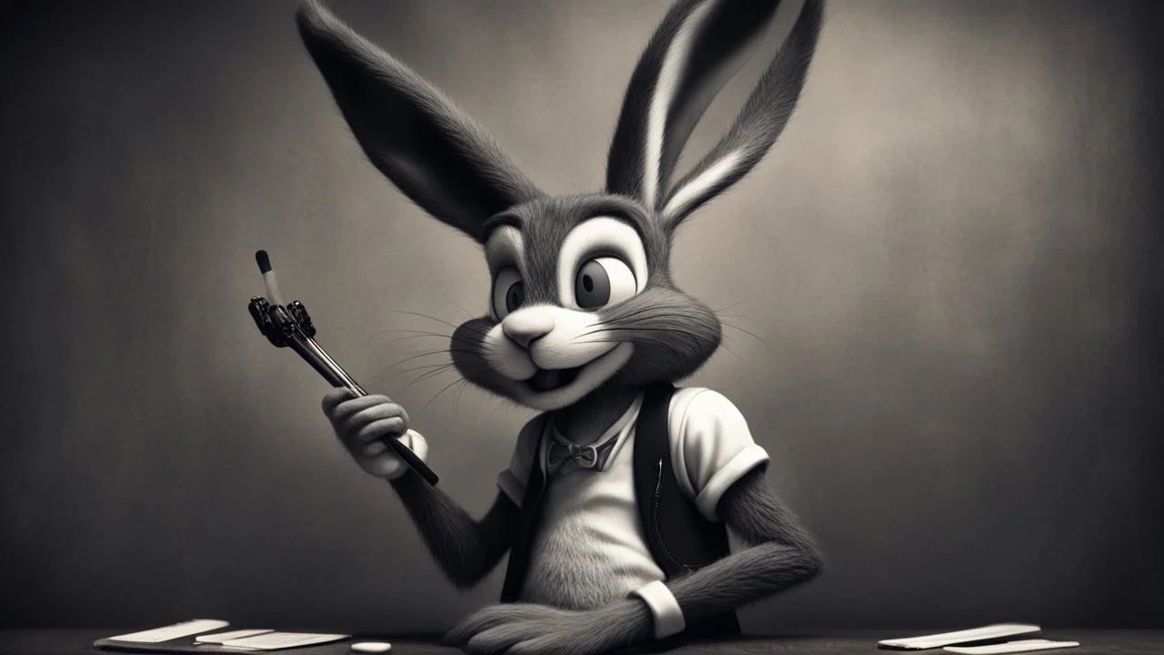 photorealistic deppressed dark melancholic sad Bugs bunny deppressed doing music rock and roll dark heavy metal on a scene alcoholic, ciggaretes ciggaretes ciggaretes